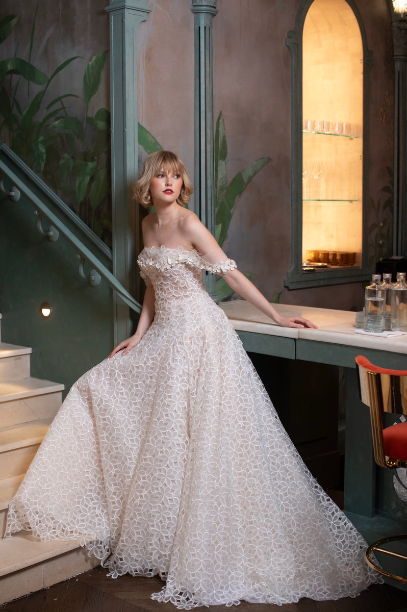 Lace Monsoon Beatrice Wedding Dress Beatrice Off-Shoulder Pearl-Beaded Wedding Dress Nardos Lace Monsoon Beatrice Wedding Dress Beatrice Off-Shoulder Pearl-Beaded Wedding Dress Nardos