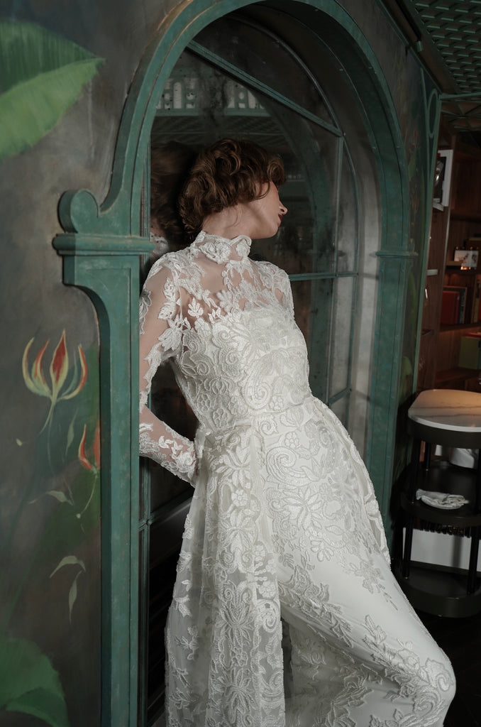 Nardos designed Amelia bridal gown close look at the floral beading and patterns.
