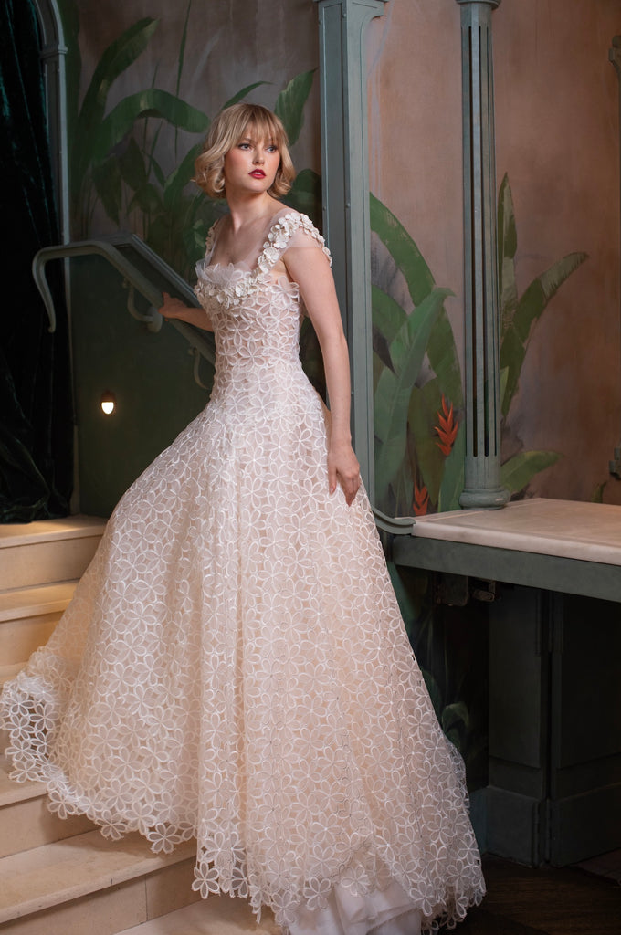 Nardos designed Beatrice gown showing the beautiful floral pattern in movement.